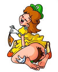  1boy 1girl ass barefoot blush bottomless brown_hair dp1up dress closed_eyes face_in_ass feet girl_on_top gloves green_cap hat highres luigi mario_(series) naughty_face nintendo orange_panties panties princess_daisy sexually_suggestive shoes sitting sitting_on_face sitting_on_person smelling smile soles super_mario_bros._1 super_mario_land underwear white_background yellow_dress  rating:Explicit score:31 user:orumma