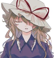  1girl :d agasa_(akasa_anodan) blonde_hair blouse closed_eyes frilled_shirt_collar frills hat hat_ribbon long_hair maribel_hearn mob_cap one_eye_covered open_mouth puffy_short_sleeves puffy_sleeves purple_shirt red_ribbon ribbon shirt short_sleeves simple_background smile solo taboo_japan_disentanglement touhou upper_body wavy_hair white_background white_hat 