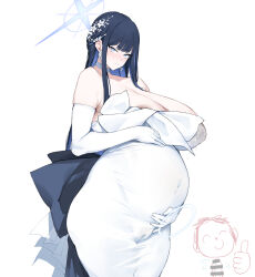  1boy 1girl absurdres bare_shoulders big_belly blue_archive blue_eyes blue_hair blue_halo blue_ribbon blush breasts cameltoe censored choker cleavage cleft_of_venus covered_erect_nipples covered_navel dark_areolae doodle_sensei_(blue_archive) dress dress_ribbon elbow_gloves gloves hair_ornament halo hands_on_own_stomach highres huge_breasts lactation lactation_through_clothes long_hair looking_at_viewer navel no_mask outie_navel penis pregnancy_halo pregnant ribbon saori_(blue_archive) saori_(dress)_(blue_archive) sensei_(blue_archive) simple_background smile strapless strapless_dress thirty_8ght white_background white_choker white_dress white_gloves white_headwear  rating:Explicit score:98 user:danbooru