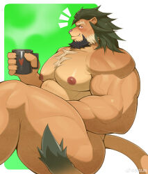  1boy absurdres animal_ears arsalan_(housamo) bara beard blush chest_tuft completely_nude convenient_leg cup facial_hair fang fang_out feet_out_of_frame from_side full_beard furry furry_male highres huge_eyebrows huge_pectorals lion_boy lion_ears m_legs male_focus mature_male medium_hair mug muscular muscular_male nipples notice_lines nude solo strongman_waist thick_beard thick_thighs thighs tokyo_houkago_summoners weisun_(leoooliooon) 