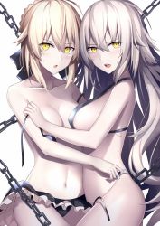 2girls artoria_pendragon_(all) artoria_pendragon_(fate) bad_id bad_twitter_id bare_shoulders bikini bikini_pull black_bikini black_bow blonde_hair blush bow breasts chain cleavage clothes_pull collarbone commentary_request embarrassed facing_another fate/grand_order fate_(series) frilled_bikini frills hair_between_eyes highres jeanne_d&#039;arc_(fate) jeanne_d&#039;arc_alter_(avenger)_(fate) jeanne_d&#039;arc_alter_(fate) large_breasts long_hair looking_at_viewer multiple_girls navel open_mouth pale_skin rin_yuu saber_alter sideboob silver_hair simple_background stomach sweatdrop swimsuit thighs undressing very_long_hair white_background yellow_eyes yuri rating:Questionable score:32 user:danbooru