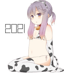 1girl 2021 animal_print bell bikini blush chinese_zodiac collar cow_horns cow_print cow_print_bikini elbow_gloves flat_chest gloves gradient_hair hair_ornament hairband hairclip highres horns kantai_collection loli long_hair looking_to_the_side multicolored_hair navel neck_bell orange_hair parted_lips print_bikini purple_eyes purple_hair short_ponytail sidelocks sitting soba_(sobaya1938) solo swimsuit thighhighs tsushima_(kancolle) two-tone_hair year_of_the_ox