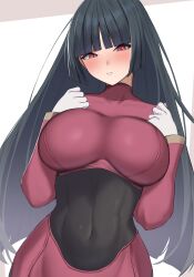  1girl :o black_hair blunt_bangs breast_suppress breasts collarbone commentary covered_navel creatures_(company) furrowed_brow game_freak gloves highres hime_cut large_breasts light_blush long_hair long_sleeves looking_at_viewer nintendo pokemon pokemon_frlg red_eyes sabrina_(pokemon) simple_background solo teeth tsurime upper_body wabimochi white_background white_gloves 