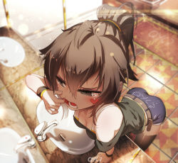 1girl black_thighhighs breasts brown_eyes brown_hair cheek_pull chinese_text cleavage downblouse facial_tattoo hair_between_eyes heart heart_tattoo mirror mouth_pull original ponytail qian_ye_(qys3) qys3 revision shirt shorts sink solo tattoo tears thighhighs thighs tile_floor tiles rating:Sensitive score:28 user:danbooru