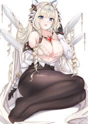  1girl armored_boots armored_gloves black_shorts blonde_hair blue_eyes blush boots bra breasts brown_pantyhose coat crown_(nikke) diadem drill_hair goddess_of_victory:_nikke hair_ornament headgear highres jewelry large_breasts long_hair looking_at_viewer necklace open_clothes open_coat open_mouth open_shirt pantyhose shirt shorts sitting solo underwear white_bra white_coat white_shirt yougenko 