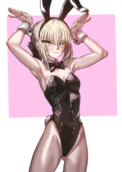  absurdres animal_ears armpits arms_up artoria_pendragon_(all) artoria_pendragon_(fate) bare_shoulders black_bow black_bowtie blonde_hair blush bow bowtie breasts fake_animal_ears fake_tail fate/grand_order fate/stay_night fate_(series) fukou gluteal_fold groin highres leotard pale_skin pantyhose playboy_bunny rabbit_ears rabbit_pose rabbit_tail saber_(fate) saber_alter short_hair small_breasts tail thighs white_wrist_cuffs wrist_cuffs yellow_eyes 