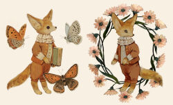  animal animal_focus ascot book bug butterfly buttons clothed_animal commentary_request flower fox highres holding holding_book insect jacket long_sleeves multiple_views no_humans open_clothes open_jacket orange_butterfly orange_jacket orange_pants original oversized_animal pants pink_flower shirt simple_background standing tono_(rt0no) white_ascot white_background white_butterfly white_shirt 
