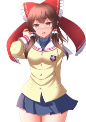  1girl absurdres blue_skirt bow brown_eyes brown_hair clannad commentary_request cosplay furukawa_nagisa furukawa_nagisa_(cosplay) hair_bow hair_tubes hakurei_reimu highres hikarizaka_private_high_school_uniform long_hair long_sleeves looking_at_viewer nakahara_mai open_mouth pleated_skirt red_bow sailor_collar school_uniform simple_background skirt solo thighs tokyo_yamane touhou turtleneck voice_actor_connection white_background white_sailor_collar 