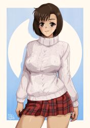  1girl absurdres artist_logo asymmetrical_bangs breasts brown_eyes brown_hair colored_shadow commission cowboy_shot drop_shadow harasaki_nozomi highres large_breasts long_sleeves looking_at_viewer pleated_skirt red_skirt ribbed_sweater second-party_source sega shadow shenmue short_hair skirt smile solo sweater thatpersonaguy thighs turtleneck turtleneck_sweater two-tone_background white_sweater 