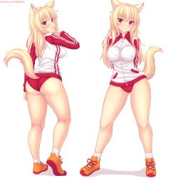 1girl :p animal_ear_fluff animal_ears arms_behind_back ass blonde_hair blush breasts cat_ears closed_mouth full_body hair_between_eyes highres jacket large_breasts long_hair long_sleeves looking_at_viewer multicolored_clothes multiple_views nottytiffy orange_footwear original panties patreon_username red_eyes red_panties red_sleeves shoes smile socks standing standing_on_one_leg tail thighs tiffy_(nottytiffy) tongue tongue_out track_jacket underwear watermark web_address wedgie white_background white_jacket zipper rating:Sensitive score:57 user:danbooru