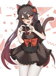  1girl :d alternate_costume animal_ears apron black_apron blush bow brown_dress brown_hair cat_ears cat_tail cleavage_cutout clothing_cutout cowboy_shot dress frilled_apron frilled_dress frills genshin_impact gradient_hair grey_background hair_between_eyes hands_up heart heart_hands highres hu_tao_(genshin_impact) looking_at_viewer maid_headdress multicolored_hair nanase_(zbgzke1jtztpedq) open_mouth outline red_bow sidelocks smile solo tail thighhighs waist_apron white_thighhighs 