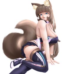  absurdres animal_ear_fluff animal_ears azur_lane bare_shoulders blue_eyes boots breasts brown_hair brown_tail cat_ears cat_girl cat_tail cleavage cosplay fang green_eyes heels highres long_hair looking_at_viewer microskirt multicolored_eyes open_mouth original race_queen see-through shinano_(azur_lane) shinano_(moonlit_chrome)_(azur_lane) skirt tail takie takie_arts thick_thighs thigh_boots thighs very_long_hair 
