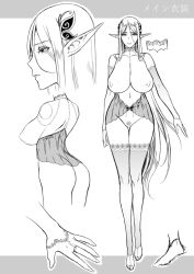1girl ass blonde_hair bottomless breasts character_sheet choker concept_art curvy elf elieen_(usaginagomu) highres huge_breasts large_breasts monochrome multiple_views nipples pointy_ears pubic_hair pussy simple_background sketch thick_thighs thigh_gap thighhighs thighs usagi_nagomu rating:Explicit score:25 user:cheezeit