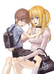  10kira 1boy 1girl :d age_difference aged_down amane_misa backpack bag black_bag black_choker black_shorts blonde_hair blue_shirt book brown_eyes brown_hair choker commentary cross cross_necklace death_note grey_eyes highres jewelry juliet_sleeves long_sleeves looking_at_viewer necklace open_mouth puffy_sleeves randoseru shirt short_hair short_sleeves shorts simple_background sitting sitting_on_lap sitting_on_person smile socks spiked_choker spikes symbol-only_commentary thighs time_paradox two_side_up upper_body white_background white_shirt white_socks yagami_light 