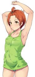 10s 1girl :/ alp alternate_hairstyle arm_behind_head armpits arms_up bare_shoulders blonde_hair blue_panties breasts cowboy_shot hoshizora_rin love_live! love_live!_school_idol_project no_pants orange_hair panties scrunchie short_hair simple_background small_breasts solo sweat tank_top topknot underwear white_background yellow_eyes rating:Sensitive score:64 user:danbooru