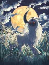  7_phi_3 absol all_fours body_fur cloud creatures_(company) full_moon game_freak gen_3_pokemon glowing glowing_eyes grass highres looking_at_viewer moon nature night nintendo outdoors pokemon pokemon_(creature) red_eyes solo star_(symbol) white_fur 