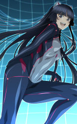  10s 1girl :d animal_ears aoi_nagisa_(metalder) arm_behind_back black_eyes black_hair blue_background blunt_bangs blush bodysuit breasts cat_ears covered_erect_nipples fake_animal_ears female_focus floating_hair from_side glowing gradient_background grid guilty_crown hairband hime_cut leaning_forward legs long_hair looking_at_viewer looking_back nipples open_mouth outline parted_bangs profile puffy_nipples shiny_clothes skin_tight small_breasts smile solo spread_legs squatting tsugumi_(guilty_crown) very_long_hair  rating:Questionable score:63 user:danbooru