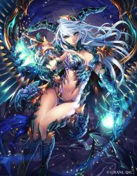 1girl armor bikini_armor breasts claws cleavage dragon_girl fantasy highres horns kazto_furuya looking_at_viewer midriff monster_girl navel official_art pointy_ears revealing_clothes shingoku_no_valhalla_gate solo thigh_gap watermark white_hair wings rating:Sensitive score:25 user:danbooru