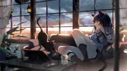 1girl absurdres animal animal_ears arutera black_cat black_hair black_socks blue_eyes blush breasts cat cat_ears cat_girl cat_tail cellphone closed_mouth computer convenient_leg couch cup drinking_glass flying_whale headphones headphones_around_neck highres horizon indoors kneehighs laptop lens_flare long_hair looking_afar lying medium_breasts ocean on_back on_couch original phone pillow plant potted_plant sitting sleeves_pushed_up smartphone socks solo sunlight table tail whale window rating:Sensitive score:21 user:danbooru