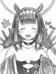  1girl :d ^_^ absurdres blunt_bangs choker closed_eyes diamond_hairband dot_nose dress facing_viewer fang flat_chest fur-trimmed_choker fur_trim gloves greyscale half_gloves hands_up highres hololive hololive_english light_blush long_hair mole mole_under_eye monochrome nanashi_(nlo) ninomae_ina&#039;nis ninomae_ina&#039;nis_(1st_costume) open_mouth pointy_ears simple_background sketch skin_fang smile solo strapless strapless_dress takodachi_(ninomae_ina&#039;nis) upper_body virtual_youtuber wah  rating:Sensitive score:3 user:danbooru