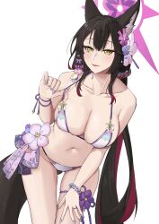  1girl absurdres animal_ears bead_bracelet beads bikini black_hair blue_archive bracelet breasts collarbone fang flower fox_ears hair_flower hair_ornament halo highres jewelry kuon_bb large_breasts leaning_forward long_hair looking_at_viewer multicolored_hair navel official_alternate_costume pink_flower purple_halo purple_nails red_hair simple_background solo stomach swimsuit thighs two-tone_hair very_long_hair wakamo_(blue_archive) wakamo_(swimsuit)_(blue_archive) white_background white_bikini yellow_eyes 