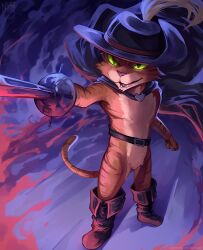  1boy belt black_cape black_footwear black_hat boots cape cat cat_boy cavalier_hat commentary english_commentary fangs full_body furry furry_male green_eyes hat hat_feather highres holding holding_sword holding_weapon male_focus nurinaki orange_cat orange_fur puss_in_boots puss_in_boots:_the_last_wish puss_in_boots_(shrek) smile standing sword tabby_cat tail weapon 