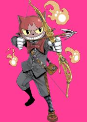  1boy bag blitz_(gate_of_nightmares) bow_(weapon) brown_bag cat_mask collared_shirt colored_sclera fireball full_body gate_of_nightmares gloves grey_jacket grey_pants grin highres jacket mashima_hiro mask neck_ribbon official_art pants red_ribbon ribbon shirt shoes shoulder_bag simple_background smile socks solo standing striped_clothes striped_socks transparent_background weapon white_gloves white_shirt yellow_sclera 