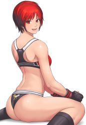 1girl ass back bare_shoulders bee black_panties breasts brown_eyes brown_hair bug dead_or_alive from_behind gloves highres insect looking_back medium_breasts mila_(doa) multicolored_hair panties red_hair shigenobu short_hair simple_background smile solo sports_bra sportswear tecmo two-tone_hair underwear white_background rating:Sensitive score:66 user:danbooru