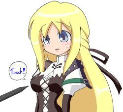  1girl animated animated_gif blonde_hair blue_eyes blush breast_poke breasts confused corset department_heaven jiggle sound_effects poking ribbon solo_focus stylus surprised yggdra_union yggdra_yuril_artwaltz  rating:Questionable score:18 user:Golgotha