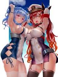  2girls abyssal_ship ahegao ahoge armpits arms_behind_head arms_up azur_lane black_panties black_ribbon blue_sky breasts brown_legwear buttons chain cleavage closed_mouth clothing_cutout collar covered_erect_nipples covered_navel cowboy_shot day detached_sleeves double-breasted dress garter_straps hair_ribbon hat honolulu_(azur_lane) large_breasts long_hair long_sleeves looking_at_viewer microdress multiple_girls open_mouth outside_border panties peaked_cap pink_eyes ponytail ribbon sasayuki scowl shirt sideboob skindentation sky sleeveless sleeveless_shirt smile st._louis_(azur_lane) thighhighs thighs underboob underboob_cutout underwear v-shaped_eyebrows very_long_hair wavy_hair white_dress white_hat white_legwear yellow_eyes  rating:Sensitive score:26 user:danbooru