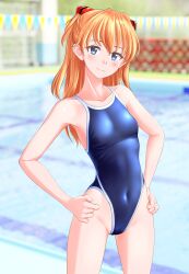 1girl absurdres blue_eyes blue_one-piece_swimsuit blurry blurry_background breasts collarbone commentary_request competition_school_swimsuit covered_navel cowboy_shot hands_on_own_hips highleg highleg_swimsuit highres interface_headset neon_genesis_evangelion one-piece_swimsuit orange_hair pool school_swimsuit small_breasts solo souryuu_asuka_langley string_of_flags swimsuit takafumi two_side_up  rating:Sensitive score:20 user:danbooru