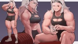  1girl abs albino ball barbell breasts closed_eyes criss-cross_halter dorohedoro exercise_ball halterneck headband highres large_breasts long_hair looking_at_viewer looking_to_the_side muscular muscular_female noi_(dorohedoro) one_eye_closed red_eyes shoes smile sneakers solo sweat tall_female tank_top thick_thighs thighs zukululuu  rating:Sensitive score:37 user:danbooru