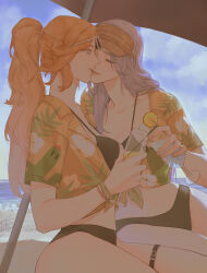 2girls alternate_costume alternate_hairstyle beach belt bikini bikini_under_clothes black_bikini blue_sky breasts chinese_commentary cleavage closed_eyes cloud cocktail cocktail_glass collarbone commentary_request contemporary cowboy_shot cup day drink drinking_glass eyewear_on_head final_fantasy final_fantasy_xiv from_side front-tie_top green_eyes grey_hair hawaiian_shirt highres holding holding_cup kiss leaf_print llymlaen long_hair medium_breasts multiple_girls nophica ocean open_clothes open_shirt orange_hair outdoors parasol ponytail profile shirt sitting sky smile sunglasses swimsuit thigh_belt thigh_strap umbrella wo_dou_gao_shi&#039;er_shennu yellow_shirt yuri 