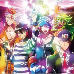  5boys androgynous bald bandages bandage_over_eye black_hair blonde_hair blue_eyes cigarette constricted_pupils cuffs disco_ball everyone facial_tattoo frown green_hair grin hair_ornament hair_over_one_eye happy hat heterochromia highres jewelry juugo_(nanbaka) long_hair looking_at_another looking_at_viewer male_focus microphone multicolored_hair multiple_boys muscular nail_polish nanbaka necklace necktie nico_(nanbaka) number_tag official_art open_mouth pink_hair prisoner purple_hair red_eyes red_hair rock_(nanbaka) scar shackles sharp_teeth short_hair sidelocks smile sparkle striped sugoroku_hajime tank_top tattoo teeth tongue_tattoo torn_clothes trap two-tone_hair uniform uno_(nanbaka) yellow_eyes 