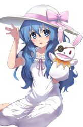 1girl blue_eyes blue_hair blush date_a_live dress eyepatch hat highres lime_ill_10 long_hair open_mouth rabbit_puppet sitting solo sun_hat wavy_hair white_background white_dress white_hat yoshino_(date_a_live) yoshinon