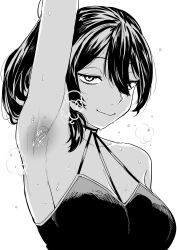  1girl absurdres arm_up armpit_focus armpits asymmetrical_hair breasts breath closed_mouth double-parted_bangs dress greyscale hair_between_eyes highres jitome kaiman_garupan large_breasts looking_at_viewer medium_hair monochrome presenting_armpit side_ponytail simple_background sleeveless sleeveless_dress smile solo sousou_no_frieren sweat ubel_(sousou_no_frieren) upper_body white_background  rating:Sensitive score:56 user:danbooru