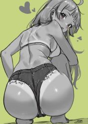  1girl :o ass ass_focus blush breasts c_(theta) furrowed_brow green_background greyscale greyscale_with_colored_background heart highres idolmaster idolmaster_million_live! looking_at_viewer looking_back medium_breasts micro_shorts monochrome shimabara_elena shorts simple_background sketch solo squatting tan tanline  rating:Questionable score:72 user:danbooru