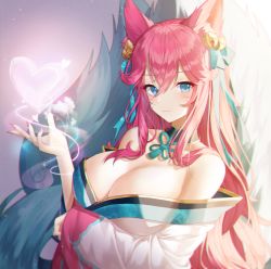 1girl absurdres ahri_(league_of_legends) animal_ear_fluff animal_ears bad_id bad_pixiv_id bare_shoulders bell blue_eyes blush breasts cleavage commentary_request facial_mark fox_ears fox_tail hair_bell hair_between_eyes hair_ornament heart highres huge_filesize japanese_clothes jingle_bell kimono kyuubi large_breasts league_of_legends long_hair looking_at_viewer meoyo multiple_tails nail_polish off_shoulder pink_hair pink_nails ribbon solo spirit_blossom_ahri tail upper_body vastaya whisker_markings white_kimono wide_sleeves rating:Sensitive score:48 user:danbooru