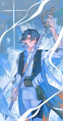  1boy absurdres ahoge arknights belt bieshi black_vest blue_hair brown_belt colored_inner_hair commentary cowboy_shot crescent_moon english_commentary freckles grey_background highres holding holding_sword holding_weapon long_sleeves looking_afar lumen_(arknights) male_focus moon multicolored_hair pants pointy_ears shirt short_hair sleeves_rolled_up solo sword thigh_strap vest weapon white_pants white_shirt yellow_eyes 