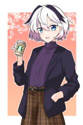  1girl belt blue_eyes border brown_skirt casual cevio ci_flower coffee_cup cowboy_shot cup disposable_cup flower_(vocaloid) hand_in_pocket highres holding holding_cup jacket lapels leaf leaf_background logo looking_at_viewer multicolored_hair open_mouth orange_background outside_border plaid plaid_skirt purple_hair purple_jacket purple_sweater sena_kizahashi short_hair skirt smile solo standing starbucks streaked_hair suit_jacket sweater turtleneck turtleneck_sweater two-tone_hair vocaloid white_border white_hair 
