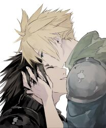  2boys affectionate armor black_hair blonde_hair blue_eyes closed_eyes cloud_strife crisis_core_final_fantasy_vii earrings final_fantasy final_fantasy_vii from_side hatomugi_gohan highres jewelry kiss kissing_eye kissing_forehead looking_at_another male_focus multiple_boys pauldrons portrait profile short_hair shoulder_armor smile spiked_hair stud_earrings sweater turtleneck turtleneck_sweater white_background zack_fair 