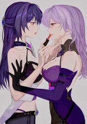  2girls acheron_(honkai:_star_rail) bare_arms bare_shoulders black_choker black_gloves black_swan_(honkai:_star_rail) breasts buttertoaxt choker cleavage commentary cosmetics dress elbow_gloves eye_contact from_side gloves grey_background grin halterneck highres holding holding_lipstick_tube honkai:_star_rail honkai_(series) lipstick_tube long_hair looking_at_another medium_breasts midriff multiple_girls orange_eyes profile purple_dress purple_eyes purple_hair simple_background sleeveless sleeveless_dress smile upper_body very_long_hair 