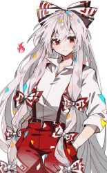 1girl bow collared_shirt commentary cowboy_shot fire fujiwara_no_mokou grey_hair hair_bow hands_in_pockets highres kawasaki_(kwsk_8765) long_hair looking_at_viewer multiple_hair_bows pants parted_lips red_bow red_eyes red_pants shirt signature simple_background sleeves_past_elbows solo suspenders touhou two-tone_bow very_long_hair white_background white_bow white_shirt 
