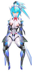  1girl :&gt; android aqua_hair armor arnetes asahi breast_hold breast_press breastplate breasts breasts_out breasts_squeezed_together colored_skin covered_navel curvy detached_collar full_body grabbing_own_breast high_ponytail highleg highleg_leotard huge_breasts impossible_clothes joints leotard lilith-soft long_hair looking_at_viewer mecha_musume mechanical_arms mechanical_hair narrow_waist naughty_face nipples no_humans ponytail pussy_juice robot_girl robot_joints shiny_skin smile solo standing taimanin_(series) taimanin_rpgx thong_leotard tongue tongue_out white_skin wide_hips yellow_eyes 