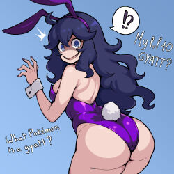  !? 1girl @_@ ahoge animal_ears ass ass_focus back bare_shoulders black_hair blue_background blue_eyes commentary creatures_(company) english_commentary english_text fake_animal_ears fake_tail fingernails frenchserval from_behind game_freak hair_between_eyes hex_maniac_(pokemon) highres leotard long_hair looking_at_viewer nintendo open_mouth playboy_bunny pokemon pokemon_xy purple_leotard purple_nails rabbit_ears rabbit_tail shaded_face simple_background smile solo strapless strapless_leotard tail wavy_hair wrist_cuffs 