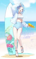  1girl :d absurdres arahashi_tabi arm_up bangs_pinned_back bare_legs beach blue_eyes blue_hair blue_sky blurry blurry_background blush breasts character_name chunsick_lee cleavage cloud collarbone day dot_nose finger_on_trigger floral_print full_body gluteal_fold hair_ornament hair_tie hairclip high-waist_shorts highres holding holding_water_gun jacket jewelry knees long_sleeves looking_at_viewer medium_breasts medium_hair multicolored_hair necklace ocean one_eye_closed open_clothes open_jacket open_mouth outdoors pendant sand sandals shading_eyes shorts sidelocks single_bare_shoulder single_off_shoulder sky smile solo sparkle sports_bra stellive stomach straight_hair streaked_hair surfboard teeth thick_eyelashes thigh_gap thighs toes upper_teeth_only virtual_youtuber water_gun wet white_footwear white_hair white_jacket white_sports_bra 