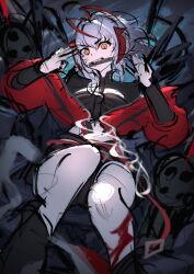  1girl absurdres adamosina antennae arknights bare_legs black_shirt commentary crop_top grey_hair highres horns jacket midriff off_shoulder red_jacket shirt sketch solo unfinished w_(arknights) wis&#039;adel_(arknights) 