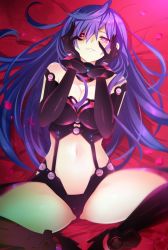  1girl bare_shoulders blue_hair blush boots breasts cleavage detached_collar elbow_gloves gloves grin groin hair_between_eyes high_heel_boots high_heels highres iris_heart kami_jigen_game_neptune_v knees_apart_feet_together large_breasts leotard long_hair looking_at_viewer lying midriff navel neptune_(series) on_back pink_eyes power_symbol power_symbol-shaped_pupils smile solo spread_legs symbol-shaped_pupils thighs very_long_hair yandere_trance zero_(ray_0805) 
