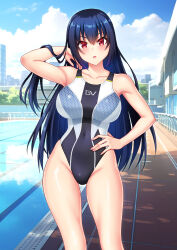  1girl black_hair black_one-piece_swimsuit blue_sky breasts cloud collarbone competition_swimsuit covered_navel day feet_out_of_frame groin hand_in_pocket hand_on_own_hip highres kuri_(kurigohan) large_breasts long_hair multicolored_clothes multicolored_swimsuit one-piece_swimsuit original outdoors pool poolside red_eyes sky solo swimsuit tucking_hair 