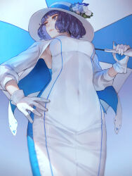  1girl black_hair blue_eyes breasts dress flower from_below gloves hand_on_own_hip hat hat_flower highres holding holding_umbrella jacket kaoming large_breasts open_clothes open_jacket short_hair solo sun_hat suntory suntory_nomu two-sided_fabric two-sided_jacket two-tone_gloves umbrella virtual_youtuber white_dress white_gloves white_hat 